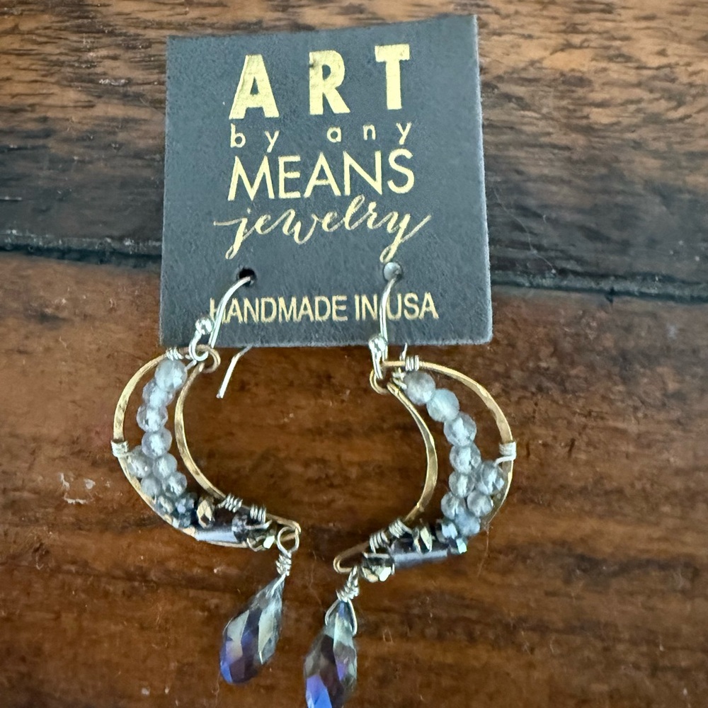 Art by Any Means Gold Hoop Earrings with Gray Beads and Purple Crystal Drops